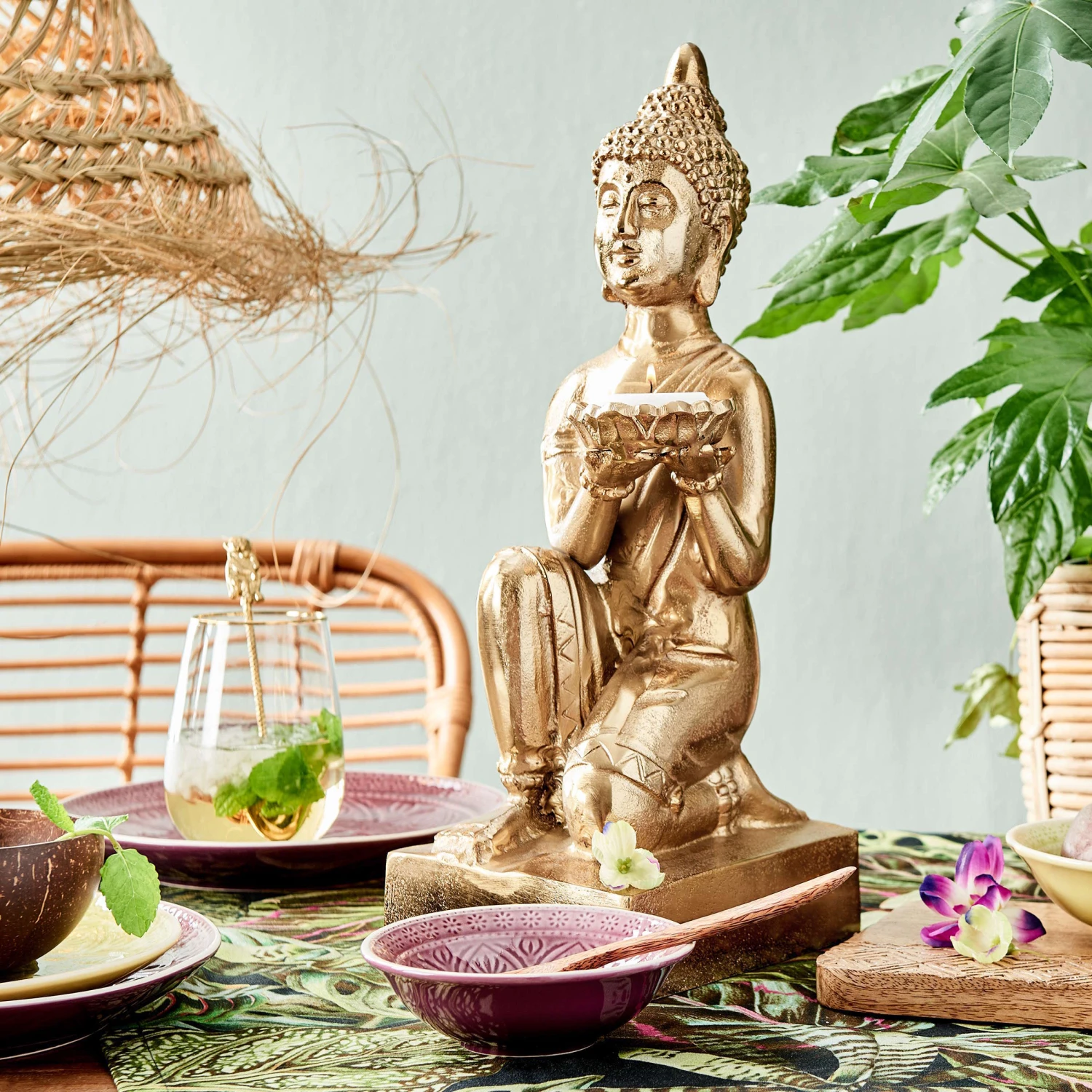 Statue Mit Kerzenteller Höhe 44cm BALI In Gold – Bild 2